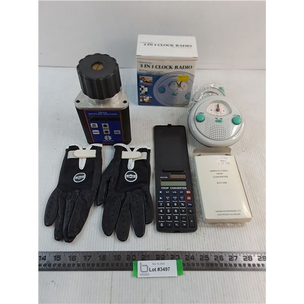 Crop Converter, 3-In-1 Clock Radio, Grain Moisture Analyzer, Lowry's Sports Gloves