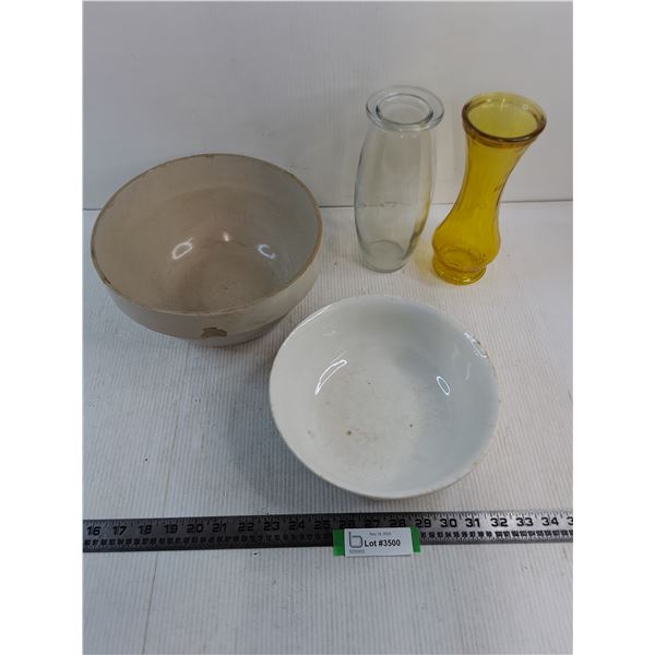 (2) Antique Ceramic Bowls (10" & 9"), (2) Glass Vases