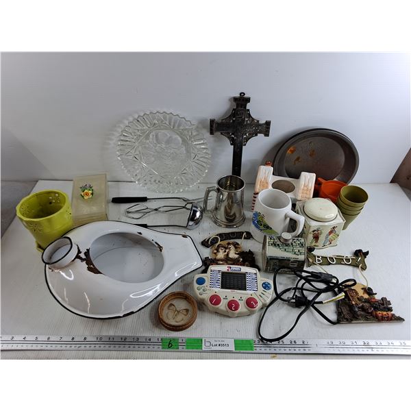 Wall Cross, Bed Pan, Mugs, Jeopardy Game, Boo Wall Decor, Utensils, Ceramic Planter,  Misc