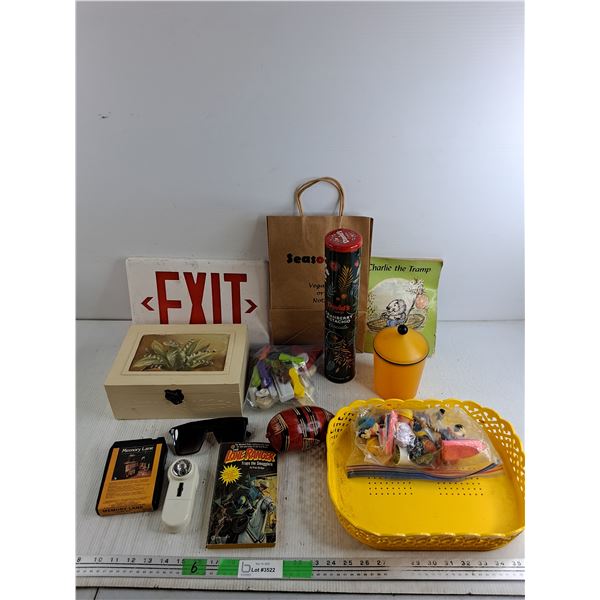 Exit Sign, Sunglasses, The Lone Ranger Book, Maraca, Flashlight, Misc