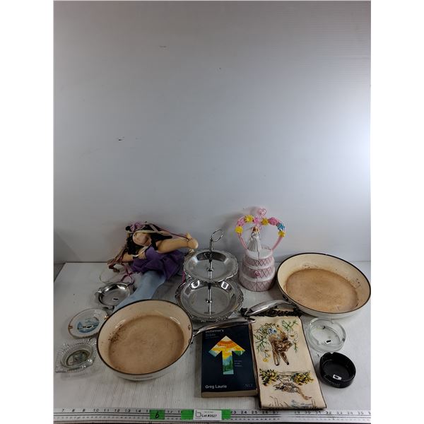 Lagostina Frying Pan, Ash Trays, Two Tiered Serving Tray, Cloth Doll, Misc