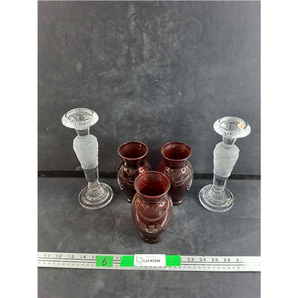 (2) Shannon Crystal Candle Holders, (3) Ruby Glass Vases