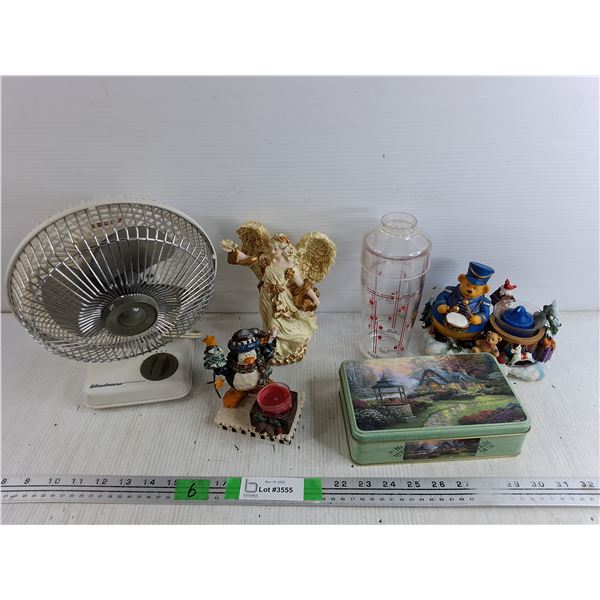 Desk Fan - Powers On, As Is, Angel Figure, Tea Candle Holders, Cocktail Mixer, Tin Box
