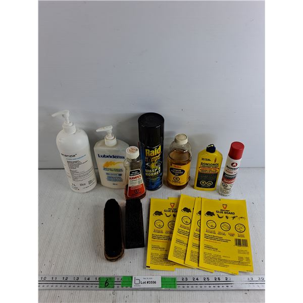 Lemon Polishing Oil, Hand Sanitizer Gel, Butane Fuel, Raid Foam Bug Killer, Glue Boards, Shoe Brush
