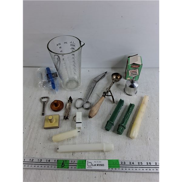 Measuring Pitcher, Ice Cream Scoop, Scissors, Coleman Filter Funnel, Bottle Opener, Candles, Misc