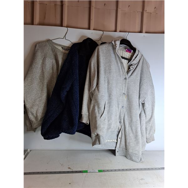 Grey Sweatshirt (approx Large), Blue Sweater (XL), Grey Button Up Sweater (with stains) (approx XL) 
