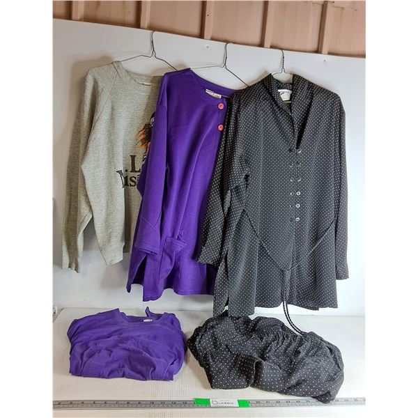 Grey Sweatshirt, Purple Cardigan, Black Button Up Shirt With Matching Pants, T-Shirt