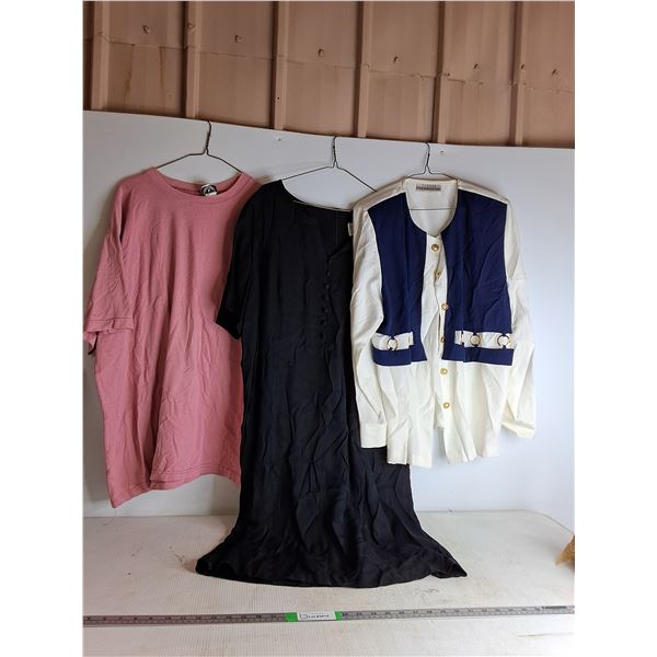 Pink Tee (XL), Black Dress With Zipper,  80's Shirt With Shoulder Pads