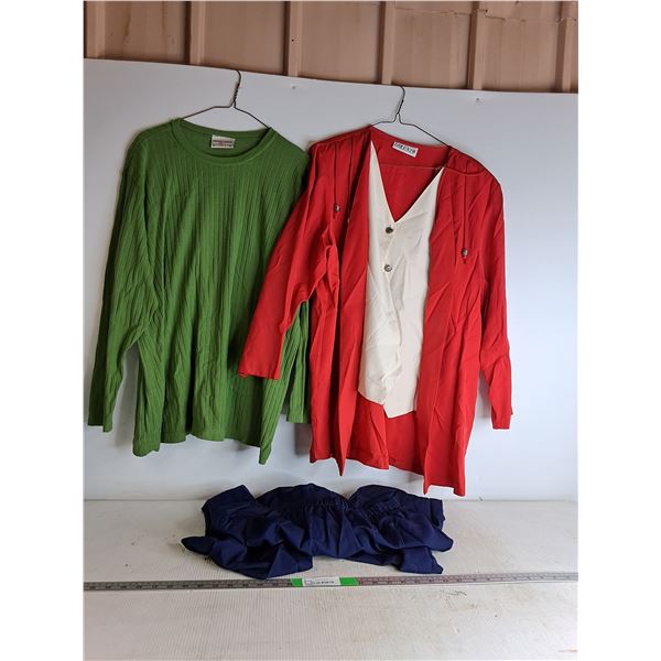 Green Long Sleeve (M), Red Lorenzo Vest Jacket, Blue Pants
