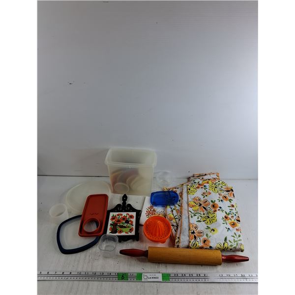 Tupperware Container & Lids, Dough Roller, Tablecloth 68" x 50", Juicer, Tile Art