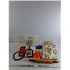 Image 1 : Tupperware Container & Lids, Dough Roller, Tablecloth 68" x 50", Juicer, Tile Art