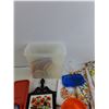 Image 6 : Tupperware Container & Lids, Dough Roller, Tablecloth 68" x 50", Juicer, Tile Art