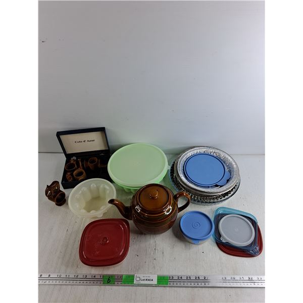 Wooden Napkin Rings, Tupperware Bundt Dish, Ceramic Tea Pot, Aluminum Pie Dishes, Misc