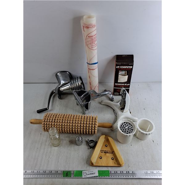 Meat Grinder, Juicer Press, pH Computer, Tupperware Baking Mat, Dough Roller, Misc