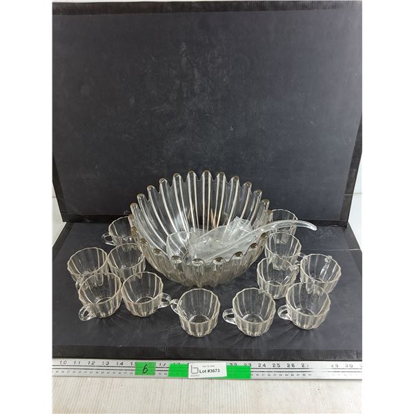Glass Punch Bowl, Ladle, Cups