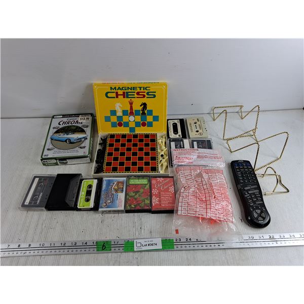 Magnetic Chess, Audio Cassettes, Pourers, JVC Remote, Classic Chrome DVD Collection, Misc