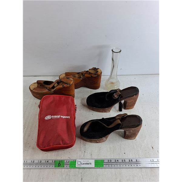 CAA Bag, (2) Pairs of Ladies Heels - Size 8 1/2", Glass Vase 9"
