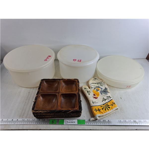Tupperware Containers with Lids, Wooden Bowls, Oven Mitt