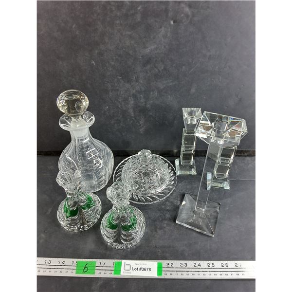Crystal Butter Dish, Liquor Decanter, Candle Holders