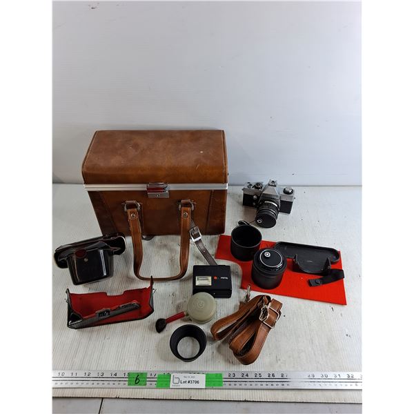 Praktica LLC Film Camera, Camera Flash, Lens, Camera Bag 13" x 7" x 9", Misc - As Is