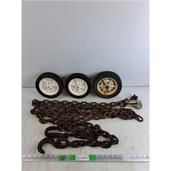 (3) 7.50 x 1.75 Lawnmower Wheels, Chains - 12' & 40"