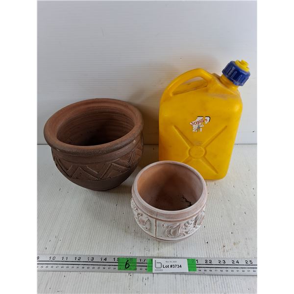 1 Gal Jerry Can, (2) Ceramic Planters