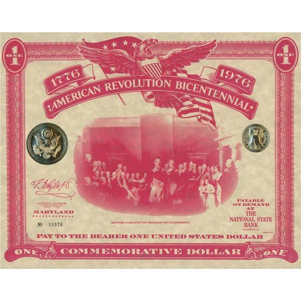American Revolution Bicentennial Commemorative One Dollar Certificate, Maryland