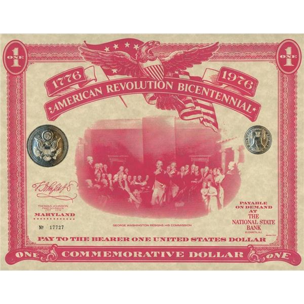 American Revolution Bicentennial Commemorative One Dollar Certificate/First Day Cover, Maryland