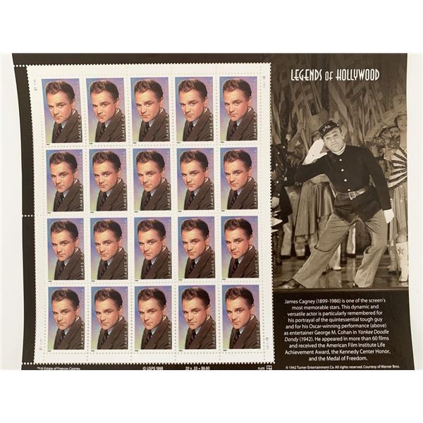 James Cagney: Legends of Hollywood, Full Sheet of 20 x 33-Cent Postage Stamps, USA 1999, Scott 3329