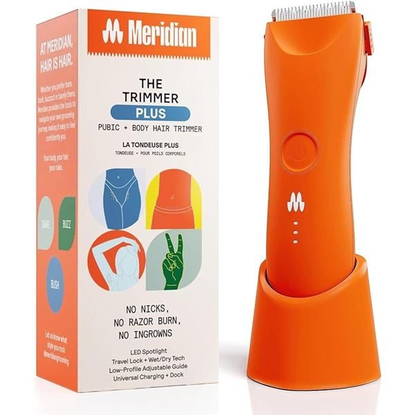 1 Meridian Trimmer Plus Body Hair Manscaping Trimmer - Adjustable Guard; Charging Dock - NEW SEALED