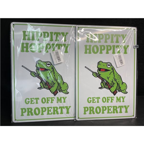 Lot of 2 "Hippity Hoppity Get Off My Property" Metal Funny Private Property Signs (12" x 8") - New