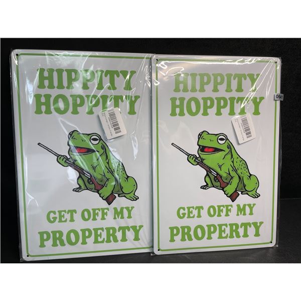 Lot of 2 "Hippity Hoppity Get Off My Property" Metal Funny Private Property Signs (12" x 8") - New