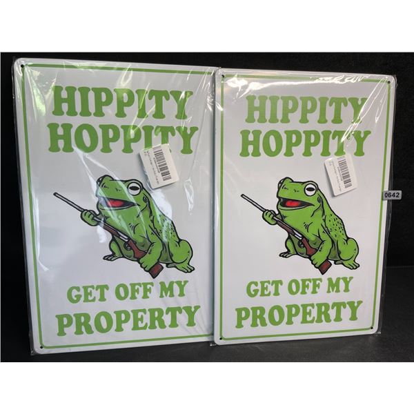 Lot of 2 "Hippity Hoppity Get Off My Property" Metal Funny Private Property Signs (12" x 8") - New