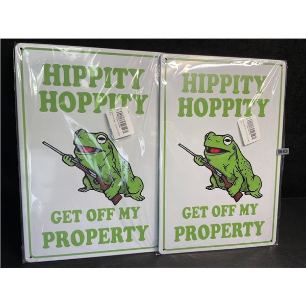 Lot of 2 "Hippity Hoppity Get Off My Property" Metal Funny Private Property Signs (12" x 8") - New