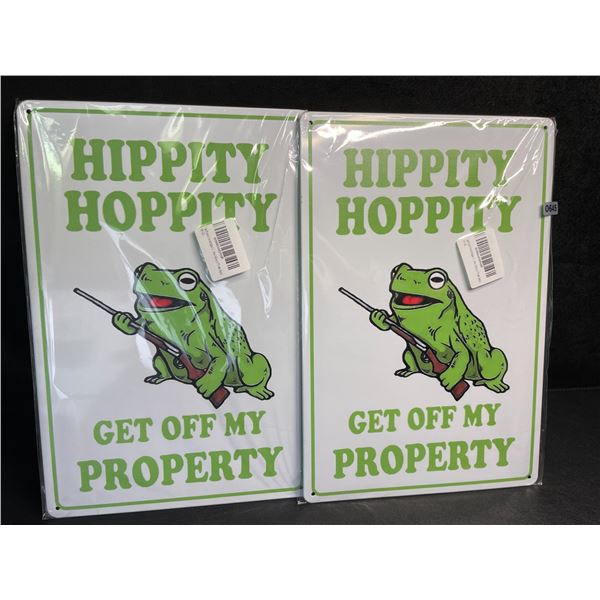 Lot of 2 "Hippity Hoppity Get Off My Property" Metal Funny Private Property Signs (12" x 8") - New
