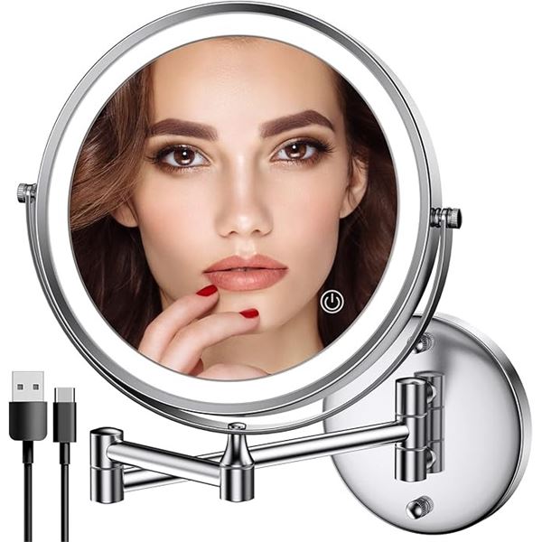 1 Rechargeable 8" LED Wall-Mounted Mirror with 1X/10X Magnification; Extendable Design - New