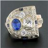 Image 2 : Antique Retro 14K Gold 3.65 ctw Bezel GIA Cushion Diamond & Sapphire Cocktail Ri