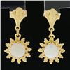 Image 2 : Estate 14k Yellow Gold 6mm Round Cabochon Cut Opal Flower Dangle Drop Earrings
