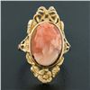 Image 2 : Antique 14k Yellow Gold Bezel Oval Carved Coral Cameo Bow Flower Frame Ring