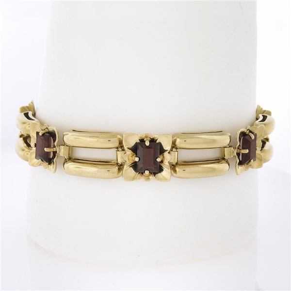 Vintage Retro 14K Yellow Gold 7.5" 10 ctw Garnet Floral Open Tube Link Bracelet