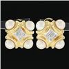 Image 2 : 14k Yellow Gold 0.15 ctw Pave Diamond w/ 7.6mm Pearl Corners Dome Button Earring