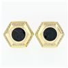 Image 1 : Vintage Large 18k Gold Black Onyx Intaglio.75 ctw Round Diamond Hexagon Earrings