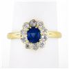 Vintage 14k Yellow Gold GIA NO HEAT Cushion Sapphire w/ Diamond Flower Halo Ring