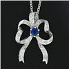 Image 3 : Vintage 18K White Gold 1 ctw Sapphire & Diamond Bow Ribbon Pendant w/ 14k Chain