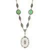 Image 2 : Antique Art Deco White Gold Camphor Glass & Chrysoprase Filigree Drop Necklace