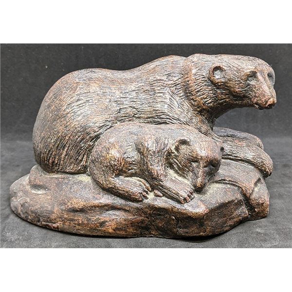 Carved Plaster Mother & Cub Bear Sculpture - Signed MVW