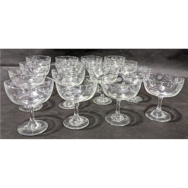 16 Etched Glass Champagne / Sherbert Glasses