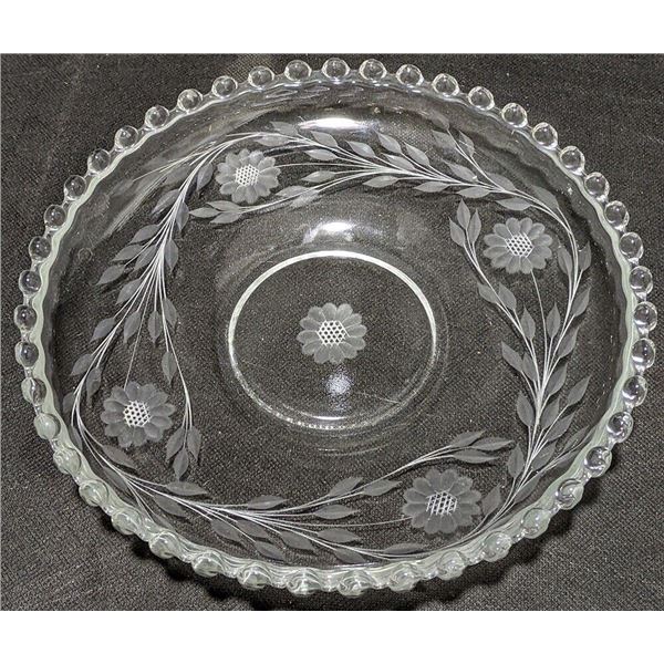 Vintage Coneflower Design, Candlewick Border Shallow Glass Dish
