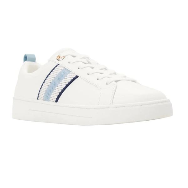 White Casual Low-Top Sneakers with Blue Stripe Accent, Size 10