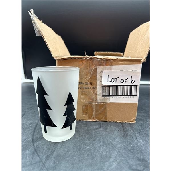 6 Frosted Small Glasses With Black Tree Design